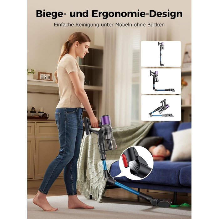 Бездротовий пилосос Proscenic P16 з акумулятором, 55 кПа, 550 Вт, 65 хв, гнучкий гофрований з'єднувач, GreenEye, щітка Anti-Tangle, для килимів, твердих поверхонь, шерсті домашніх тварин, автосалонів, блакитний