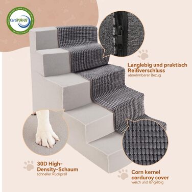 Сходинки для собак Sytopia - 5 сходинок, 57 см, сірий колір, для великих собак, для літніх та поранених тварин, з щільним шаром піни, зручні для доступу до ліжка