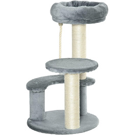 PawHut Cat Tree Climbing Tree with Hammock, 3-Tier Play Tree with Cat Bed Cat Scratching Post with Sitting Platform, Sisal Columns, Grey Ø40 x H65 cm