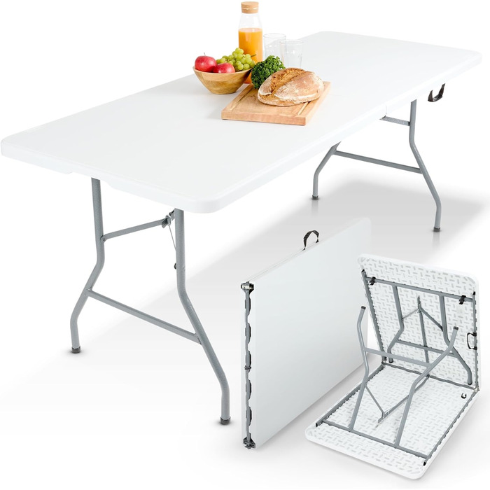 Складаний садовий стіл Arebos Buffettisch – 182 x 74 x 74 см, білий | для 8 осіб | з ручкою для перенесення | стіл для тераси, балкону та кемпінгу