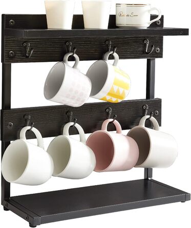 Vintage Mug Holder with 8 Hooks, Coffee Cup Holder for Kitchen Countertop, Cup Rack with Storage Base, for Kitchen Dining Room Cafe 40 x 15 x 40 cm, TBJ002H (with Shelf, Black)