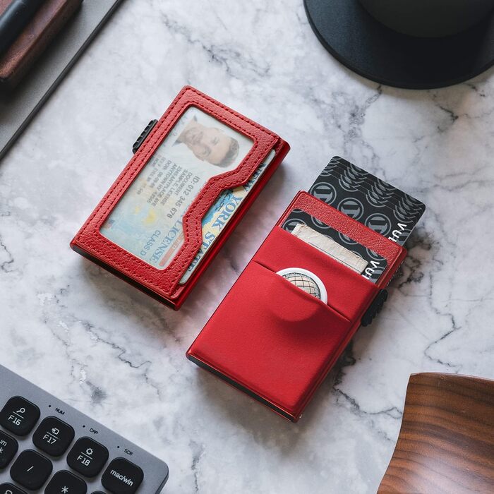 VULKIT RFID портмоне для кредитних карток з EDC-відсіками та вікном для посвідчення, тонкий металевий гаманець з Pop-Up механізмом, червоний