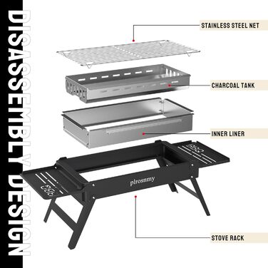 Portable Charcoal Foldable Grill, Outdoor Cooking for Travel, Camping Smoker BBQ Grill, Stainless Steel Tabletop, Portable