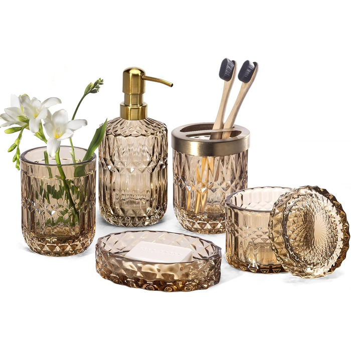 EMPO 6-Piece Clear Glass Bathroom Accessories Set (Lotion-Soap Dispenser, Soap Dish, Toothbrush Holder, Cup, Cotton Swab Holder), Modern Decoration, Crystal Vintage Gift (Oceanente) (6 Pieces Brown)