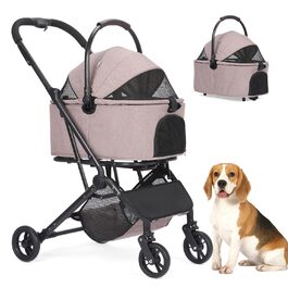 Візок для собак 2-в-1 з віднімним кошиком, складний візок для цуценят та котів, 4 колеса з кишенькою для зберігання, візок для домашніх тварин з поворотними передніми колесами на 360° для подорожей на відкритому повітрі (колір кавовий)