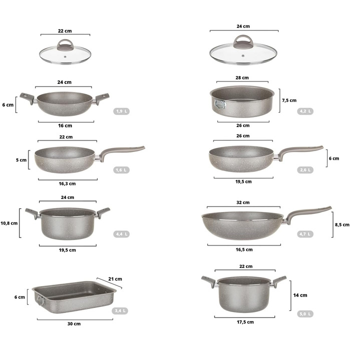 Набір каструль KASANOVA для традиційних плит, антипригарне покриття, набір посуду, здорове, швидке та рівномірне приготування їжі. Виготовлено в Італії (10 предметів)