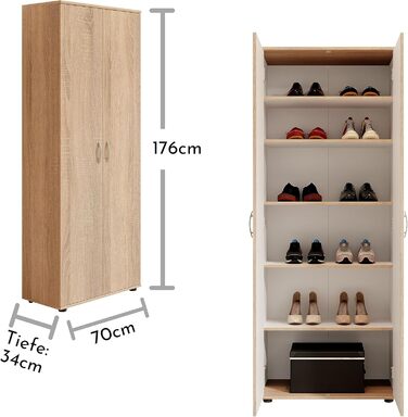 Stella Trading 3 Shoe Cabinet Tall, White - Versatile multipurpose cabinet with adjustable shelves - 70 x 176 x 35 cm (W/H/D) (Sonoma Oak)