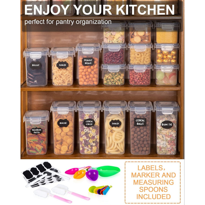 Набір контейнерів для зберігання продуктів 25 елементів (9x0.8L + 6x1.4L + 5x2L + 5x2.8L), герметичні, з кришкою, для кухні, органайзер, пластик, для спагеті, борошна, мюслі, кукурудзяних пластівців