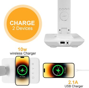 LED настільна лампа з бездротовою зарядкою та USB-портом, диммування, годинник, 3 режими освітлення, Tx26cwhite-eu