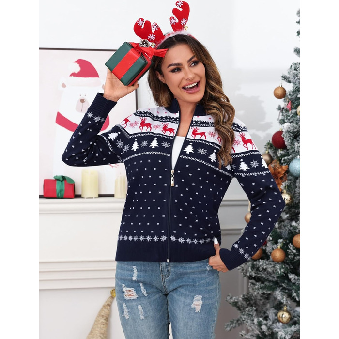 Синій жіночий святковий светр-кардиган Sykooria з капюшоном та блискавкою, теплий, на блискавці, для святкування Різдва, розмір S-XXL