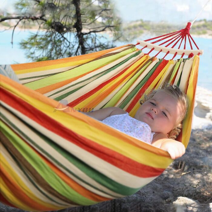 Гамак садовий ANYOO посилений з дерев'яним розпірником, помаранчевий - для дому, тераси, саду, пляжу