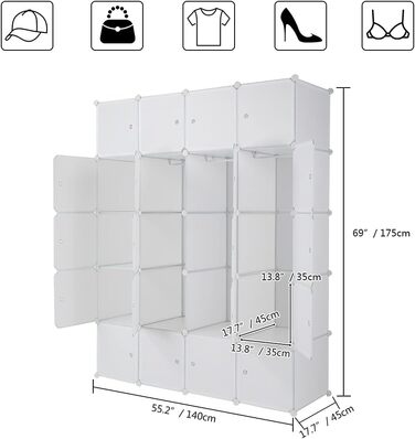 Regal system, 10 dice, plastic wardrobe with doors, modular cabinet for space-saving storage, 70 x 45 x 175 cm, white door & black cabinet. Storage for clothing, shoes etc. (140 x 45 x 175 cm, White-2)