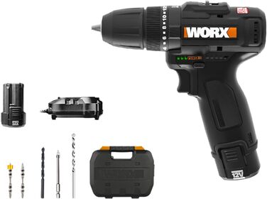 WORX WX121 Акумуляторний ударний дриль-шуруповерт 12V – потужний безщітковий набір – 2-швидкісна коробка передач до 38Nm – легкий та компактний – 0-450/0-1700 об/хв – з акумулятором, зарядним пристроєм та кейсом. Змінний набір біт