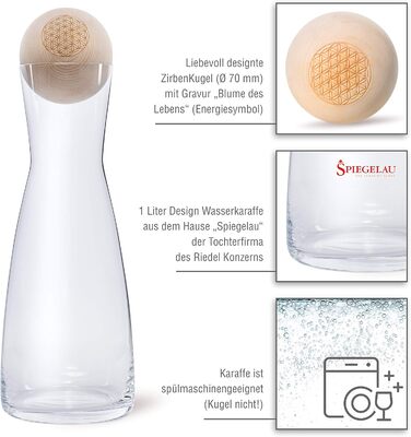 Zirben Familie® The Original ZirbenKugel Set Water Carafe | Imparts a special touch to your water | 1 Liter SPIEGELAU carafe made of crystal glass with a Swiss stone pine wood lid | Flower of Life Edition