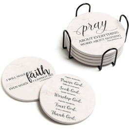 Hoomey Coasters for Drinks with Bible Verses, 6 Pack Absorbent Drink Coasters with Holder Ceramic Coasters with Cork Back for Table Protection, Christian Coasters, Christian (White)