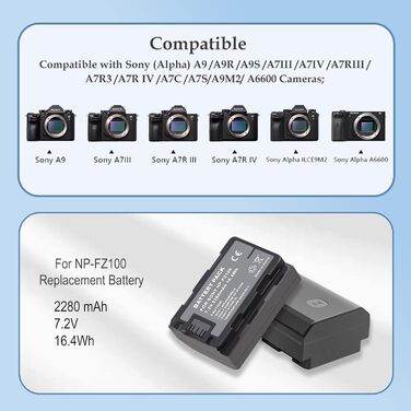 Акумулятор NP-FZ100 та зарядний пристрій 2 шт. з LCD-дисплеєм для камер Sony Alpha A7/A9 серії