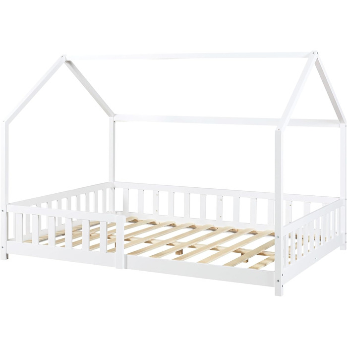 en.casa Kids Bed Hesel House Bed White 90 x 200 cm with Side Rails and Slatted Base, Floor Bed, Youth Bed, Wooden Bed