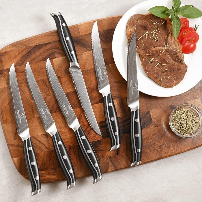 Nanfang Brothers 18-Piece Damascus Kitchen Knife Set with Hammered Handles & Wood Block - Premium Quality Steel Blades