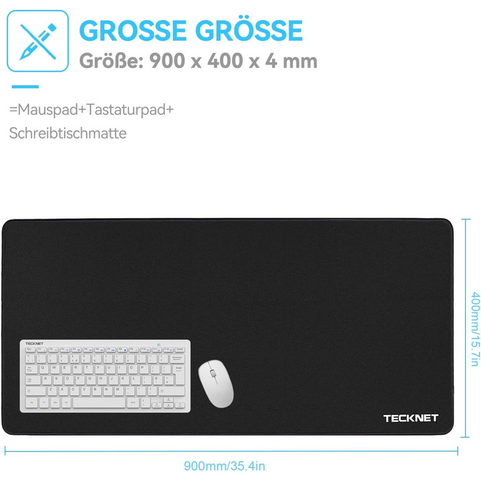 TECKNET XXL килимок для миші Speed Gaming, 900x400 мм, чорний, для геймерів, вологостійкий, з покращеною поверхнею для точності та швидкості, з неслизькою гумовою основою