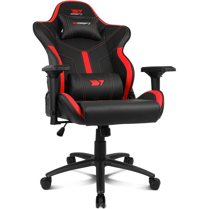 Професійне ігрове крісло DRIFT GAMING DR350 ергономічне, з 4D-підлокітниками, подушками під поперек та шию, нахил 135°, безшумні колеса, чорно-червоне
