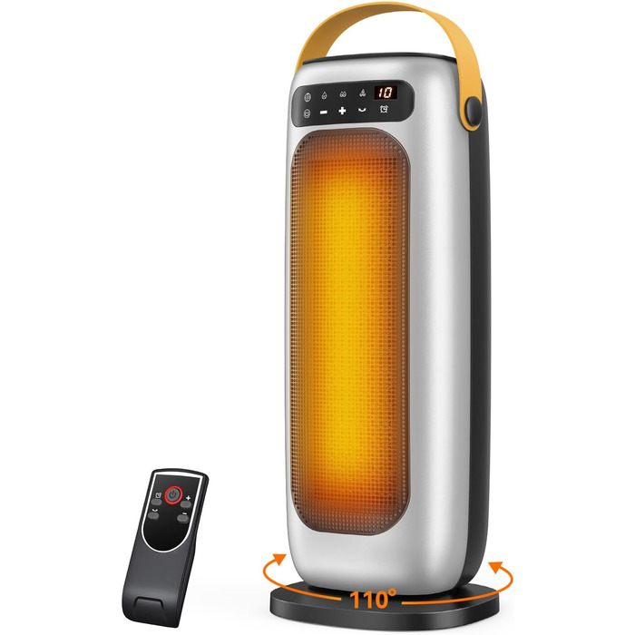 Електричний обігрівач PTC керамічний 1500W з пультом, 4 режими, осциляція 110°, таймер 1-10 год, захист від перегріву та перекидання. Компактний обігрівач для дому (сріблястий)