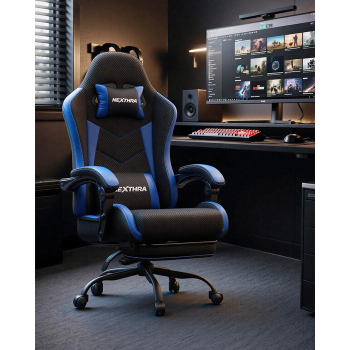 Геймерське крісло Nexthra Ergonomisch з підставкою для ніг, до 180 кг, блакитне. Регульована спинка 150°, для геймінгу та офісу