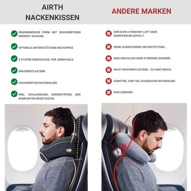 Подушка для шиї AIRTH® 360° з піною з пам'яті та зручним кріпленням - ергономічна підтримка шиї з знімним чохлом для максимального комфорту та відпочинку (сіра)
