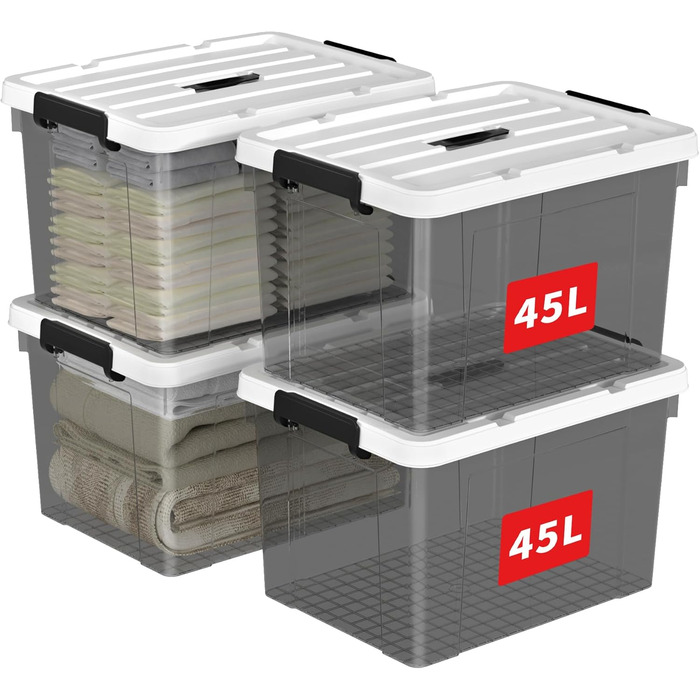 45L x 4 Plastic Storage Box, Tote Box, Organizing Container with Durable Lid and Secure Latching Buckles, Stackable and Nestable, 4-Pack, Transparent Black with Black Buckle