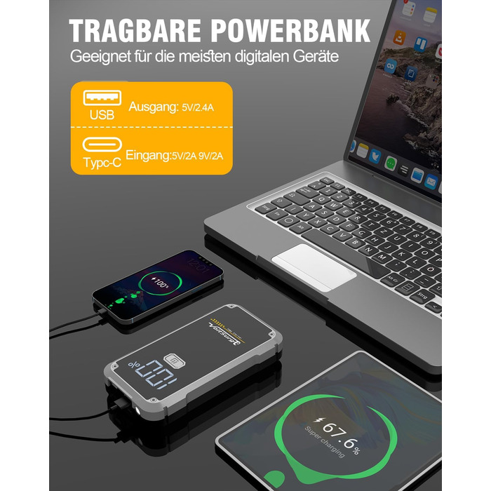 Powerbank Starthilfe VoltSurge 5000A: пусковий пристрій для авто 12V, 7.0L бензин/5.5L дизель, з LED ліхтариком