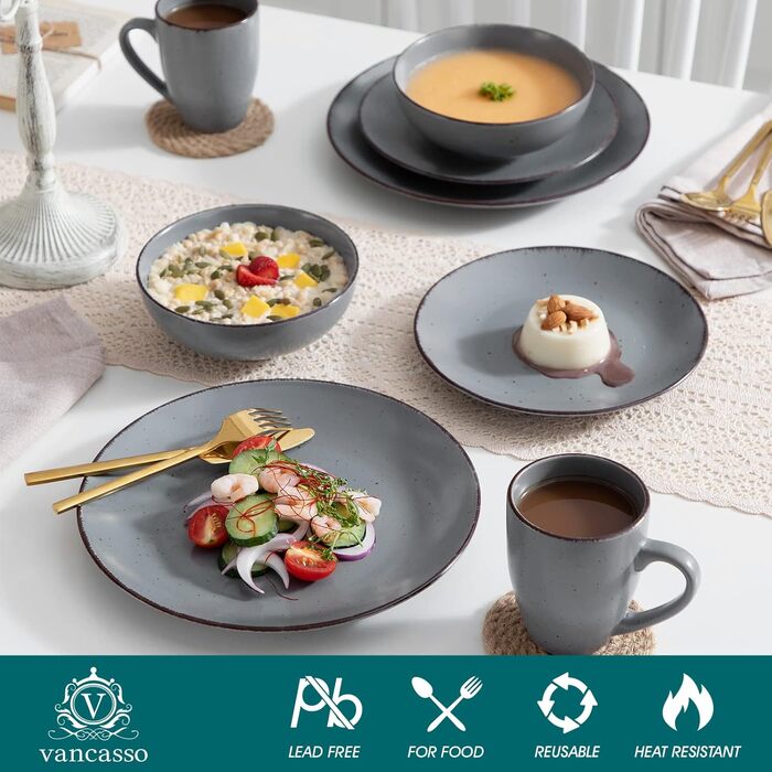 Tableware Stoneware, vancasso MODA Dinnerware Set, Vintage Look, 16-Piece Combination Service with 4 Dinner Plates, Dessert Plates, Bowls, and Cups Each Gray 16-Piece for 4 Gray