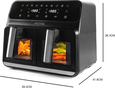 Двокамерна аерофритюрниця Petra PT5196GWVDE 7,6 л, без олії, 1700 Вт, подвійна шухляда з оглядовими вікнами, антипригарні кошики, 10 програм