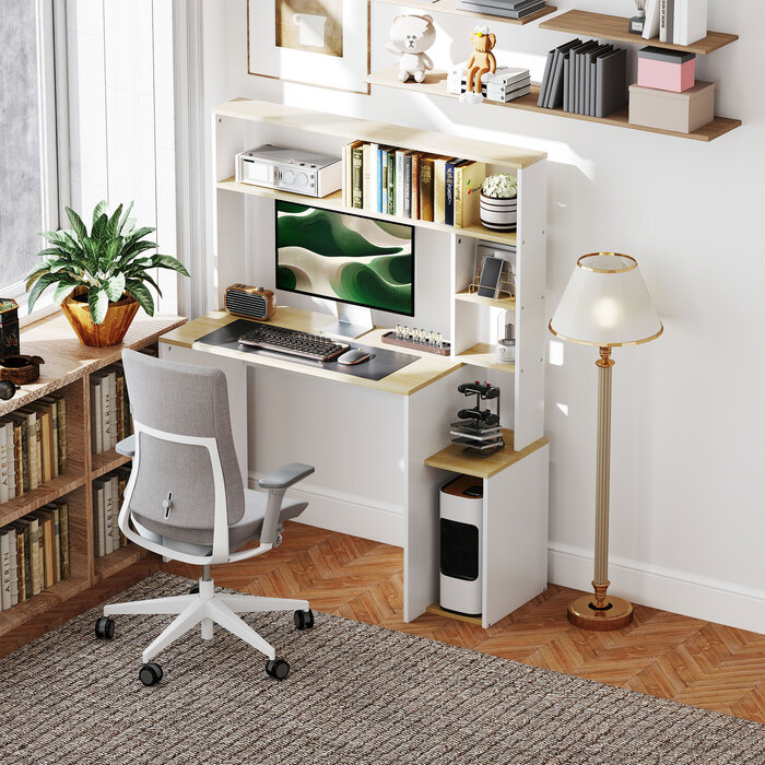 HOMCOM Desk 113 x 45 cm Computer Desk Office Desk with Open Shelves, CPU Stand, Steel Frame for Home Office, Bedroom Oak | Aosom