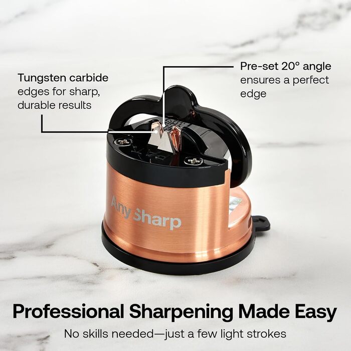 AnySharp Pro металевий точильник для ножів з фіксацією PowerGrip, універсальний для всіх кухонних ножів (зубчасті, з гартованої сталі), найкраща якість, мідний метал