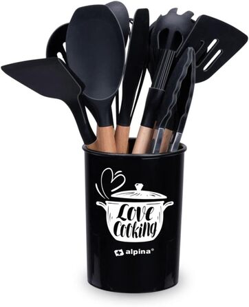 Набір кухонних аксесуарів Alpina 7 предметів з поворотним підставкою – кухонні інструменти, силіконовий набір посуду для приготування їжі (чорний)