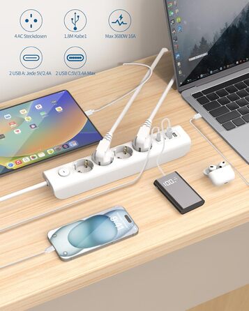 Мережевий фільтр Steckdose 8 в 1 з USB, 3680W з вимикачем, 16A з 2 USB-C, для смартфонів, ноутбуків, iPad, білий кабель 1.8м