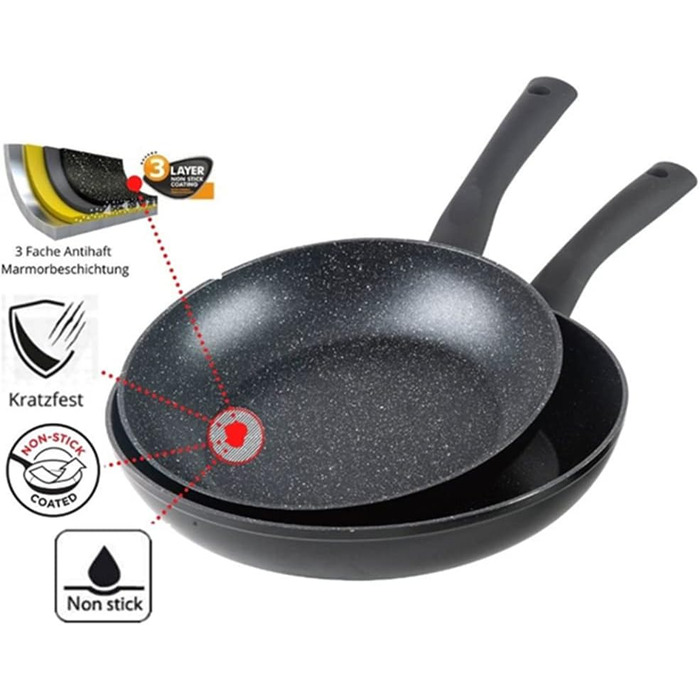 Набір сковорідок 3er – 20см, 24см, 28см – антипригарне покриття, сковорода для смаження – індукційне дно & PFOA-free – чорний гранітний дизайн
