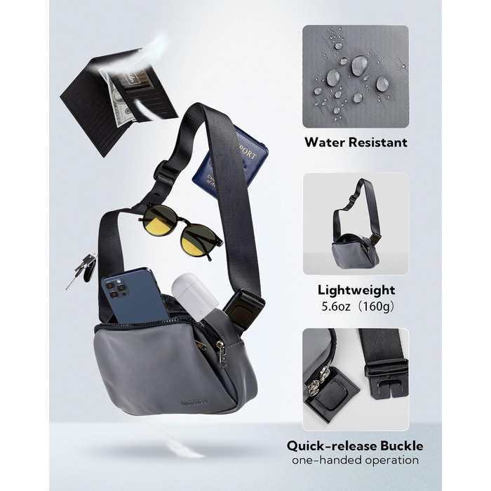 WATERFLY Поясна сумка на пояс для чоловіків та жінок: стильна сумка через плече, спортивна, модний аксесуар, водонепроникна, маленька сумка на стегно для активного відпочинку, подорожей, піших прогулянок, фестивалів (темно-сірий)
