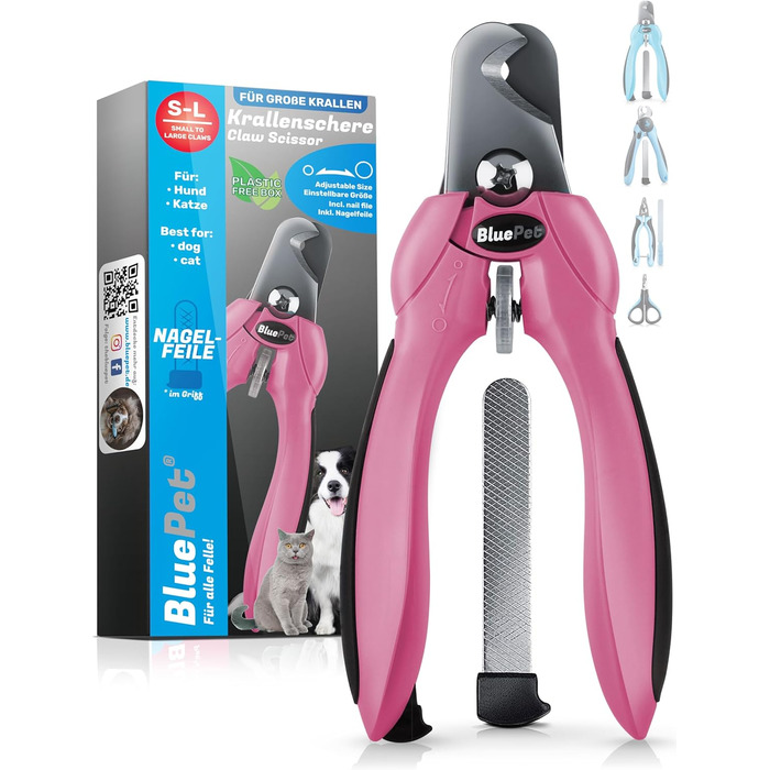 Ножиці для обрізання кігтів BluePet Profi Krallenschere для собак та котів - професійні, регульовані, з напильником, рожеві (M-XL)
