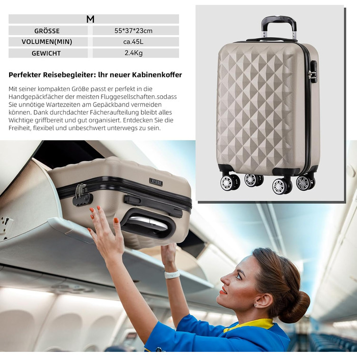 Чемодан BEIBYE Zwiingsroen 2066 з серцем: 15 кольорів, ABS-пластик, замок з подвійним блискавкою, ексклюзивна внутрішня обробка та розширені функції (Шампань, комплект)