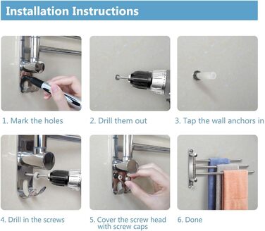 Тримач для рушників настінний поворотний 180° з нержавіючої сталі з 4-ма кріпленнями, для ванної, кухні та гардеробу, сріблястий