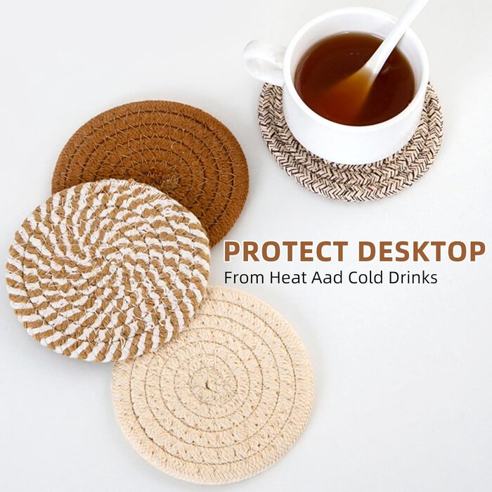Absorbent Coasters for Drinks – Boho Coaster Set for Coffee Table – Stylish Natural Material, Home Decor, Colorful Cup Coasters with Holder, 10.9 inches, Light Coffee