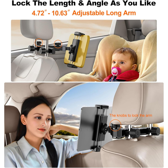Тримач для планшета в авто, [алюмінієвий довгий кріплення] Тримач для планшету на підголівник авто, [надійно фіксується] Тримач для iPad в авто, чорний, H2