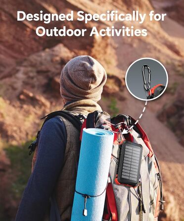 Сонячний Power Bank 26800mAh з PD15W, USB-C, 5 виходів, 3 входи, водонепроникний, з 3 кабелями, 2 ліхтариками та карабіном для кемпінгу, оранжевий