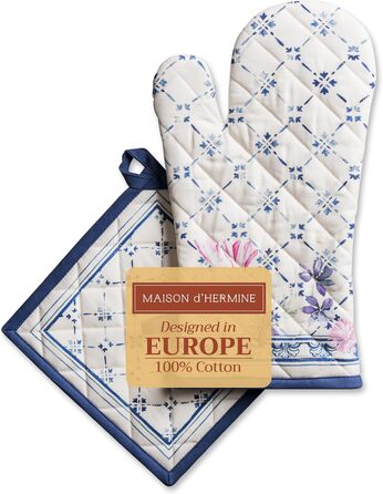 Maison d' Hermine Faience Oven Mitt + Pot Holders, 100% Cotton, Heat Resistant, Kitchen Oven Mitt (19.1 x 33 cm) and Pot Holders (20.3 x 20.3 cm) for Cooking, Grilling, Spring/Summer