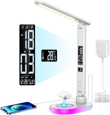 Настільна лампа CCHKFEI з регулюванням, годинником, LED-дисплеєм, бездротовим зарядним пристроєм 10W та USB-портом, 3 режими кольору, датчиком температури та RGB-підсвічуванням для читання, дому та офісу