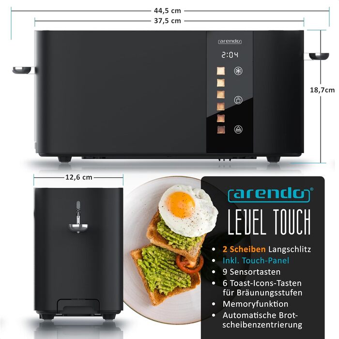 Тостер Arendo з нержавіючої сталі, 2 відділення, довгий проріз, сенсорний дисплей, подвійні стінки, підставка для булочок, 6 рівнів підсмажування, центрування хліба, індикатор часу, функція пам'яті, чорний колір A: Нічний чорний