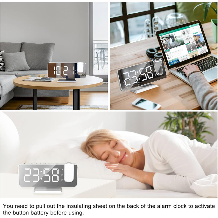 Exmate Projection Alarm Clock, Digital Alarm Clock with Projection, USB Charging Port, 7.5'' Large Mirror-LED Display, Snooze Dual-Alarm, Adjustable Brightness (White with Adapter)