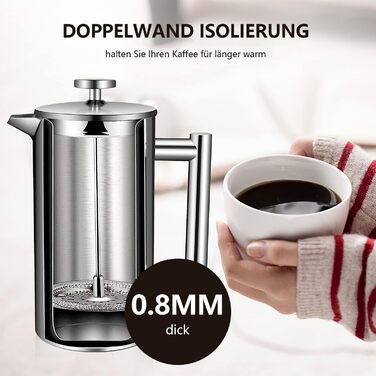 1L Coffee Maker French Press Stainless Steel Thermo with 5 Stainless Steel Filters Double-Walled Insulated System with Two-Layer Construction 1000ML