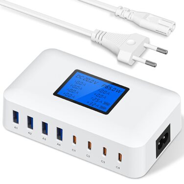 Зарядний пристрій USB-C 200W, 8 портів, LCD-дисплей, PD 65W для MacBook, iPad, iPhone 16/15/14/13 Pro/Max, Samsung S24/S23 - Чорний