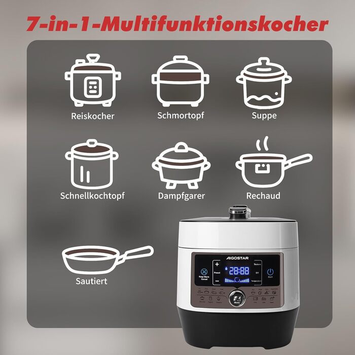 Мультиварка Aigostar Panda 5.5л, 7-в-1, 14 програм, LED-дисплей, 1000W, антипригарне покриття